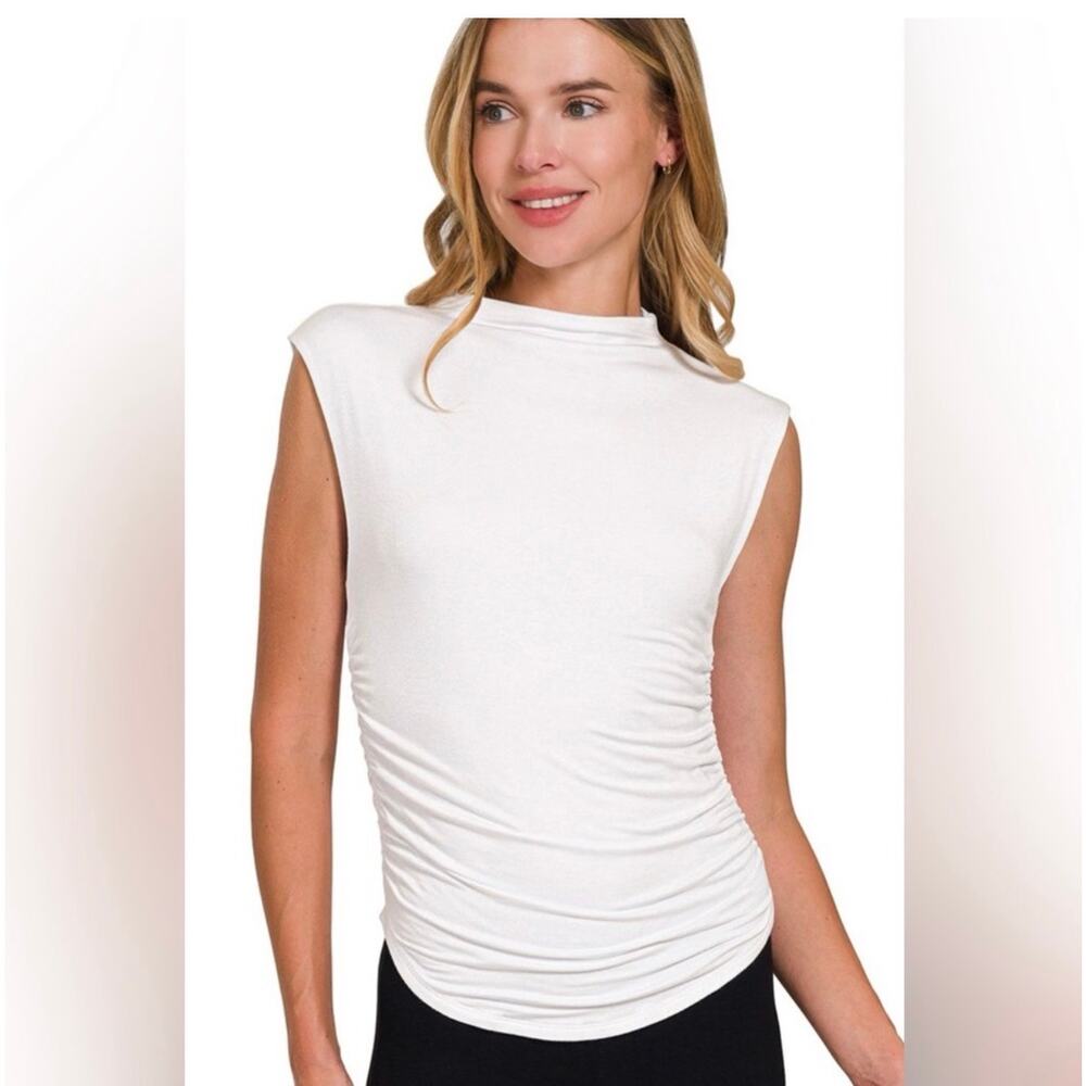 Zenana - Double Layered Ruched Side Mock Neck Top - Small